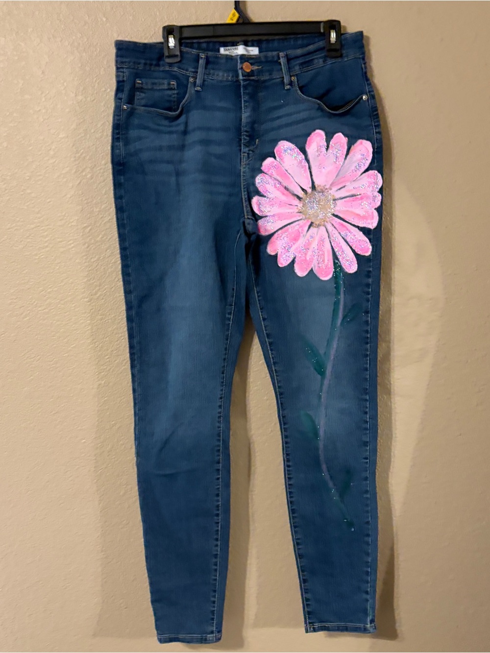 Hand painted, Original Levi’s, Blue Women’s Jeans with Pink Floral Accent